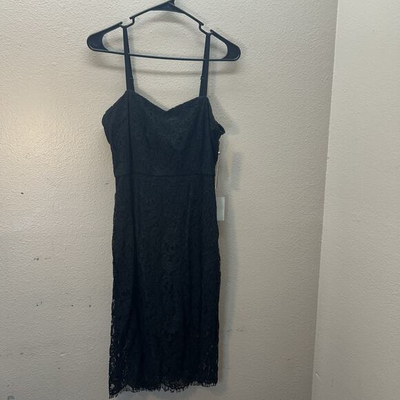 Lulus Black MIDI Dress Cocktail Lace Eyelet Sheer Lined Formal SZ L NWT LBD - Picture 1 of 9